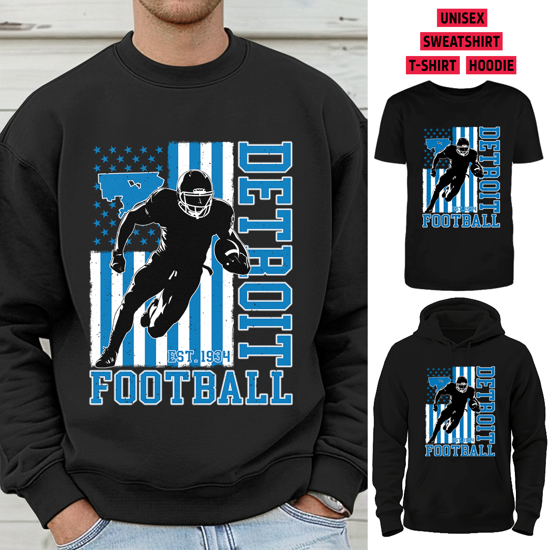 Vintage Detroit Football 1934 Flag USA T-Shirt/Sweatshirt/Hoodie, Unisex T-Shirt/Sweatshirt/Hoodie