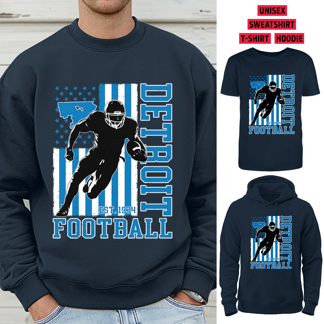 Vintage Detroit Football 1934 Flag USA T-Shirt/Sweatshirt/Hoodie, Unisex T-Shirt/Sweatshirt/Hoodie