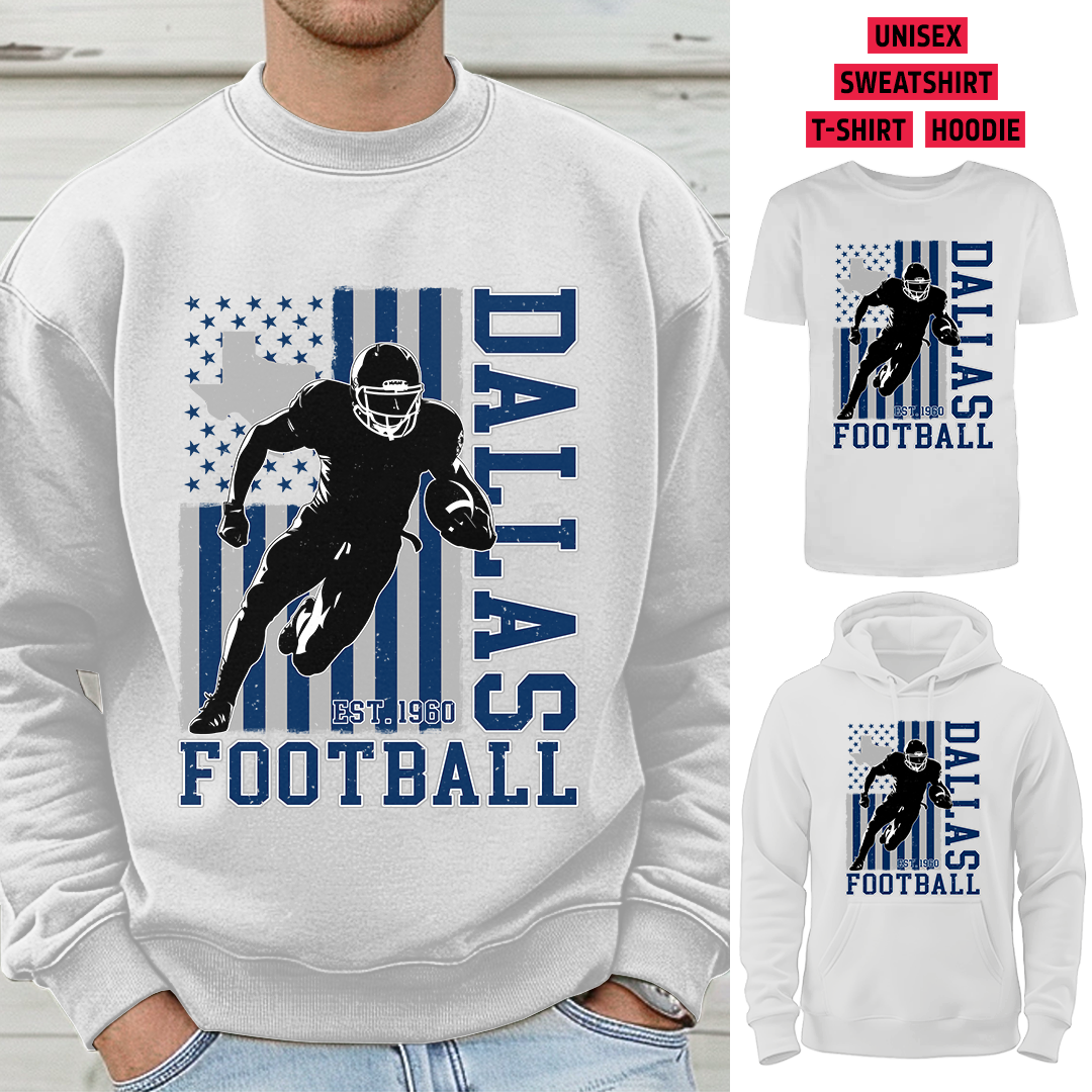 Vintage Dallas Football 1960 Flag USA T-Shirt/Sweatshirt/Hoodie, Unisex T-Shirt/Sweatshirt/Hoodie