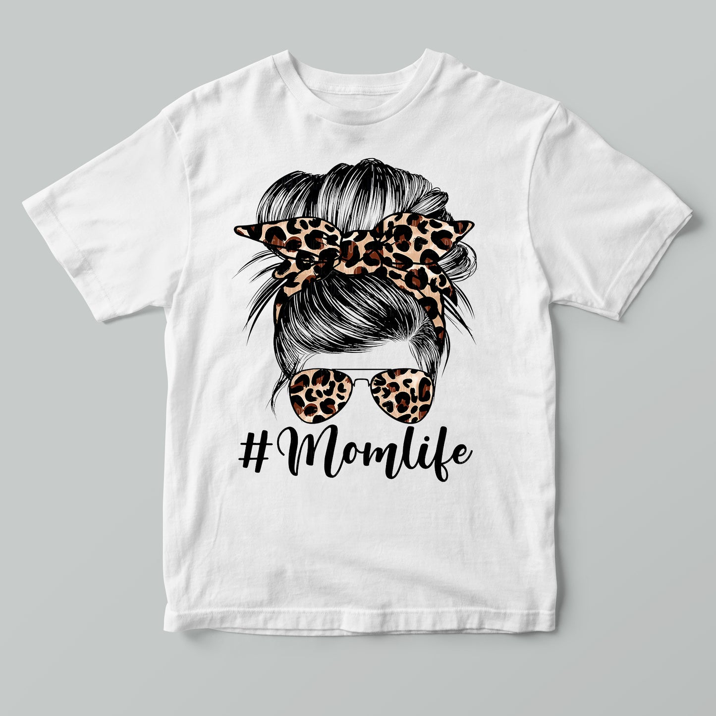 Mom Life Messy Bun, Mama, Leopard T-Shirt